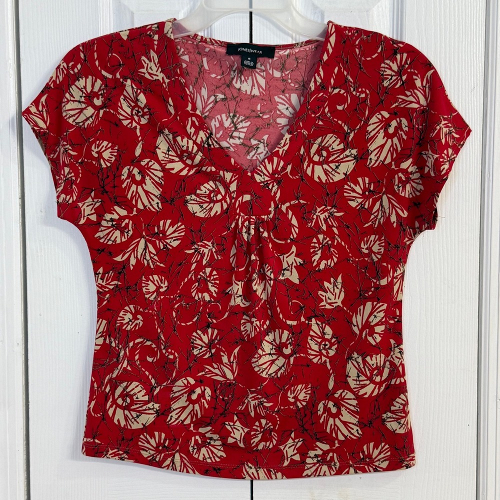 Jones Wear Floral Print Top V Neck‎ Short Sleeve Blouse Red Beige Size S